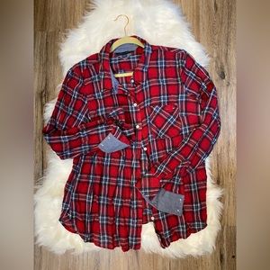 Tommy Hilfiger button down shirt. Red with blue Denim trim.